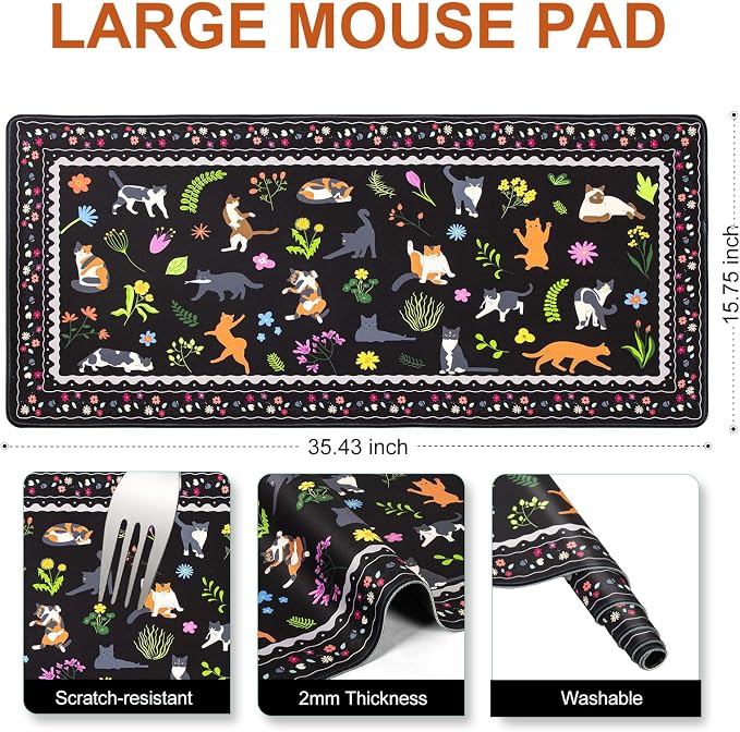 L-SPOUTTO Cute Cat Desk Mat for Keyboard and Mouse,Black XXL Mouse Pad | Large Non-Slip Keyboard Pad Waterproof Desktop Mat for Laptop Computer Work Game Home Office,Cats Black - Image 5