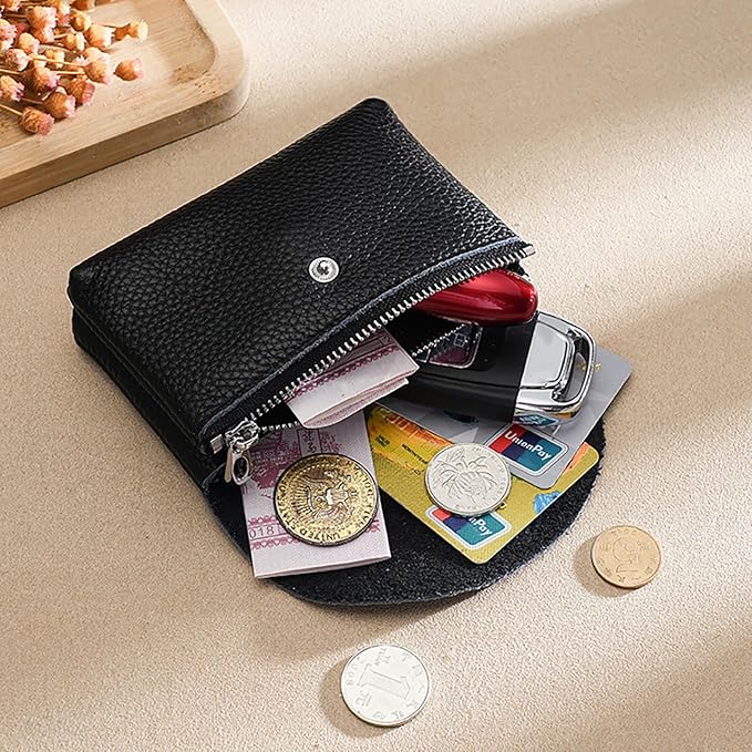 Genuine Leather Mini Change Wallet, Multifunction Zipper Pocket Key Credit Card Headset Lipstick Organizer (Black) - Image 5