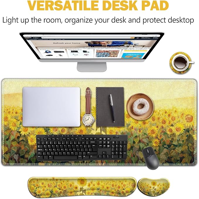 AIMSA Keyboard Mouse Pad Wrist Rest, Extended Gaming Mouse Pad +Wrist Support, Ergonomic Memory Foam,XXL Large Mousepad, 4Pcs (35×15.7 in) Desk Mat, Sunflower Oil Painting - Image 6
