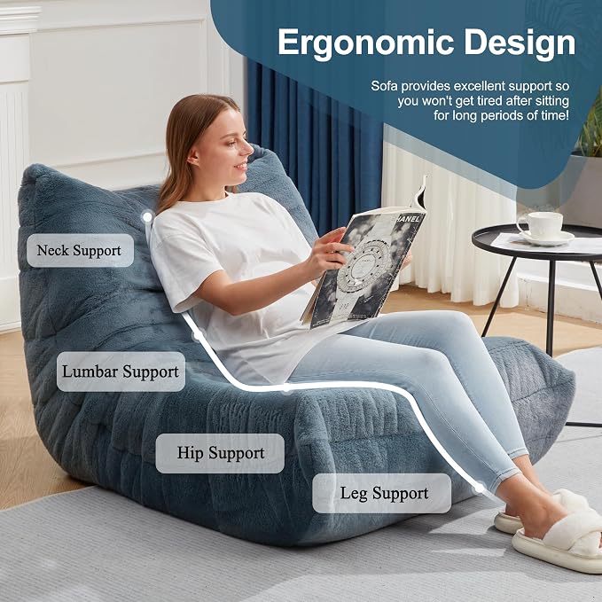 Hobestluk Big Bean Bag Chairs for Adults Fireside BeanBag Couch Togo Sofa | Ergonomic Design,Memory Foam,No Assembly,Faux Fur Fireside Lounge Floor Chair Back Support Bedroom | Bluegrey Plush Single - Image 5
