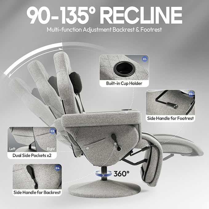 Dowinx Gaming Recliner Chair No Wheels with Footrest Shtasu Massage Lumbar | Racing Style Ergonomic High Back Recliner Heavy Duty with Wider Backrest Thick Cushion for Home Long Gaming Session Grey - Image 4