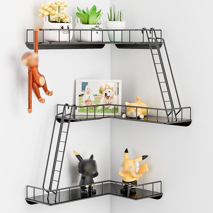 Fire Escape Wall Shelf - Modern City Style 3-Tier Corner Wall Shelves, Easy to Install Metal Ladder Shelf for Figures, New York Decorative Shelves for Bathroom, Living Room & Home Decor,Black by WOPITMER