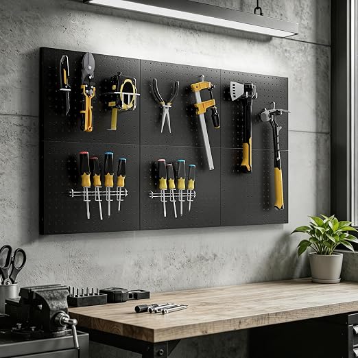 Peg Board 6 Pcs 15.7'' x 11.8'' Metal Pegboard Organizer Wall Control Peg Board Panels for Gaming Setup Garage Craft Room Office Kitchen, Black (No Accessories) - Image 4