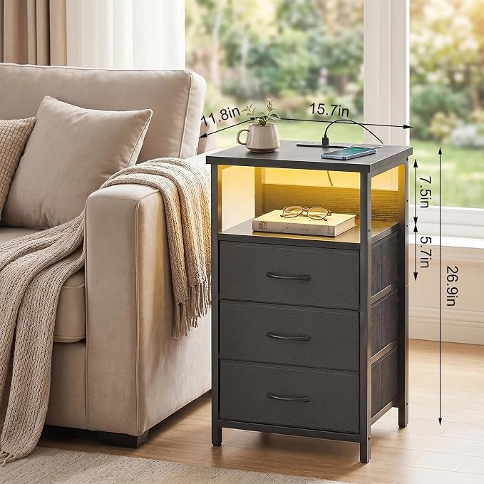 Fixwal Night Stand with 3 Drawers, Black Nightstand with Charging Station - Image 3
