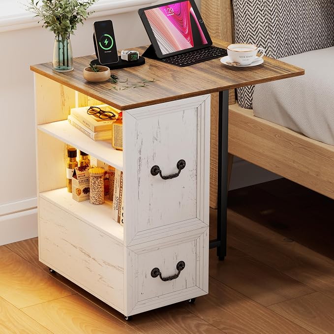 Dystler Rolling Side Table on Wheels, with Drawers & LED Lights Charging - Image 9