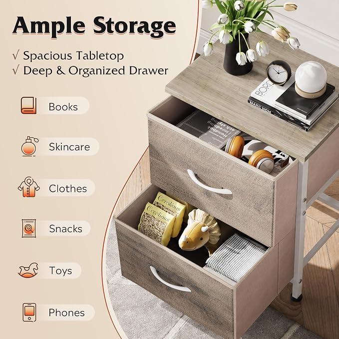 WLIVE Nightstand, 2 Drawer Dresser for Bedroom, Small Dresser with 2 Drawers, Bedside Furniture, Night Stand, End Table with Fabric Bins for Bedroom, Closet, College Dorm, Greige Oak - Image 4