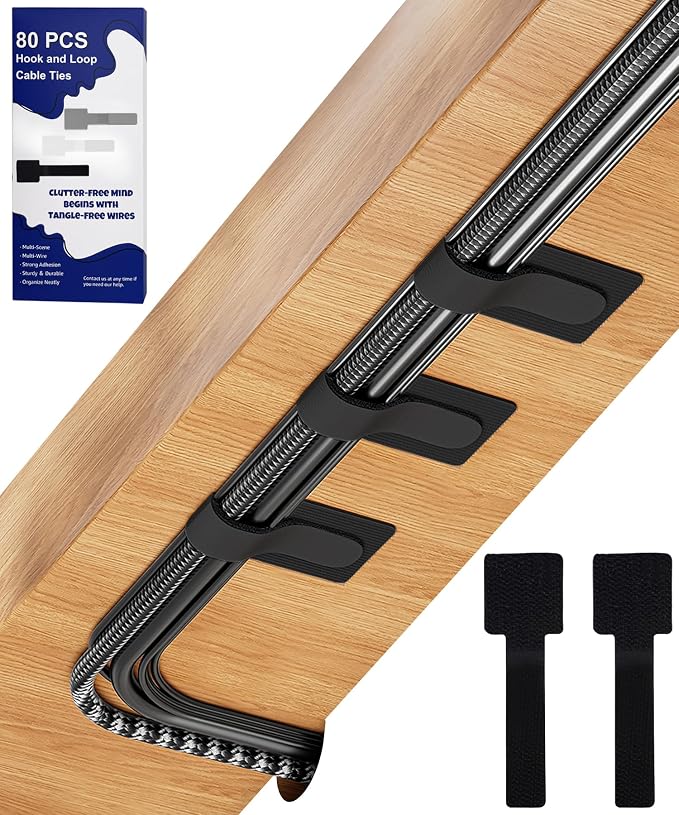 80PCS Hook and Loop Cable Ties, Under Desk Cable Management, Adhesive Cable Straps, Cord Management Hider Idea, Cord Organizer for Desk, Computer Accessories, Home Office Organization, Black by BTPIEL