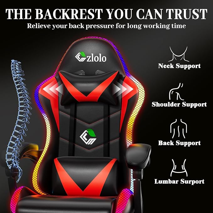 Czlolo Gaming Chair, Racing Style RGB LED Lights Gaming Chairs for Adults and Kids, Lumbar Massager Gamer Chair, High Back Reclining Computer Chair with Footrest and Headrest (Black/Red) - Image 8