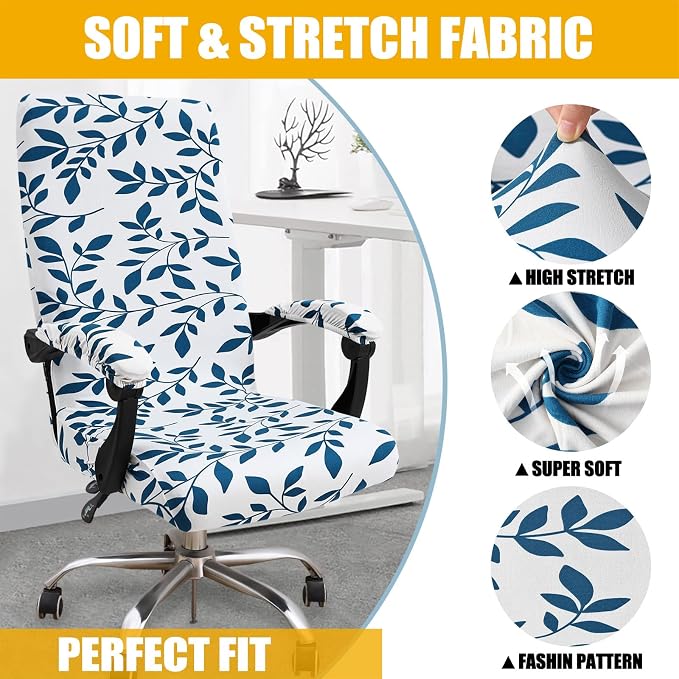 Smiry Office Computer Chair Cover with Armrest Covers, Teal and White | Stretch Printed Universal Removable Washable Desk Rotating Chair Slipcovers, Soft Anti-Dust Spandex Protector with Zipper - Image 3