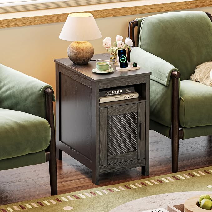 Huuger Narrow Night Stand Set of 2, End Table with Charging Station, USB-C Port, Rattan Side Table with Cabinet and Open Shelf, Synthetic Rattan, for Small Spaces, Bedroom, Black - Image 3