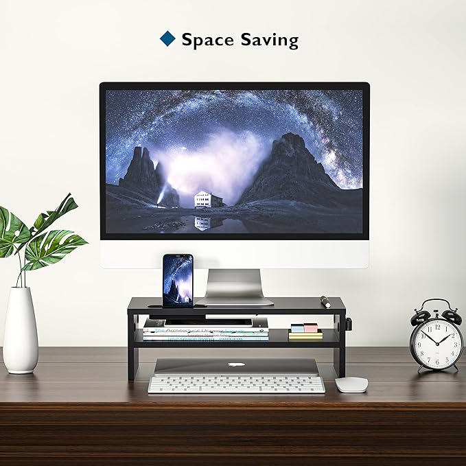 BONTEC Wooden Monitor Stand Riser for Desk, 2-Tier Computer Monitor Stand | 66 lbs Desk Shelf Organizer with Storage, Laptop & Printer Stand with Phone Holder and Cable Management, Black, 16.5 Inch - Image 3