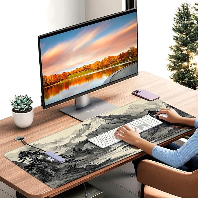 35.4 x 15.7 Inches Chinese Ink Painting Mountain Landscape Gaming Mouse Pad, XXLExtended Desk Mat with Non-Slip Rubber Base - Image 2