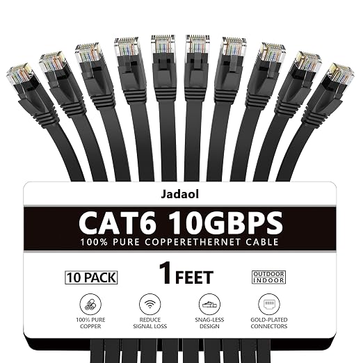 Jadaol Cat6/Cat6A Ethernet Cable 1FT 10Pack Flat 10Gbps Network Cable Black by Jadaol