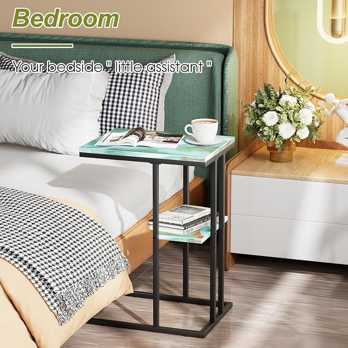 C Shaped Side Table, Couch End Table for Small Space, Blue&Green - Image 7