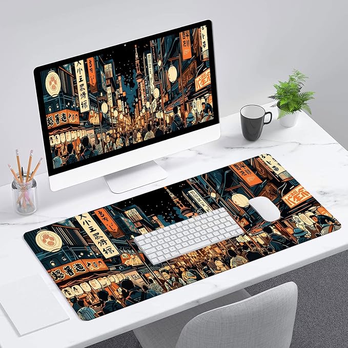 Japanese Street Desk Pad Mouse Pad Anime Tokyo Night Market XL Mouse Pad Large Mousepad Extended Laptop Keyboard Mat Gaming Desk Pad Mouse Mat Office Computer Keyboard Laptop Home 31.5"x11.8" - Image 3
