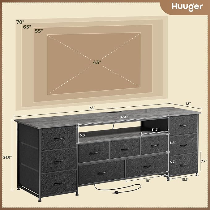 Huuger 63 Inch TV Stand for 65, 70 Inch TV, 11 Drawer Long Dresser with Power Outlets and LED Lights, Entertainment Center with Storage, Grey Dresser with PU Leather Surface - Image 3