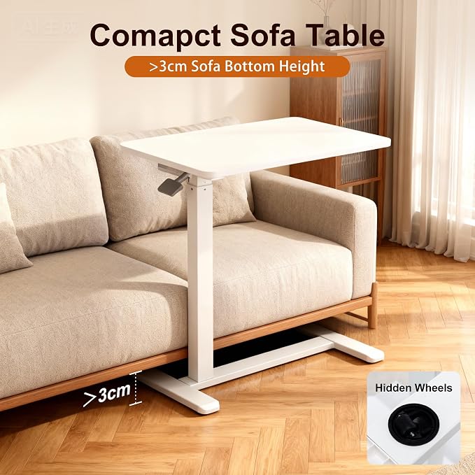 Overbed Table with Pneumatic Height Adjustment, Hidden Casters Rolling Bedside Table, Hospital Bed Table Mobile Laptop Standing Desk for Hospital Home Use, White - Image 7