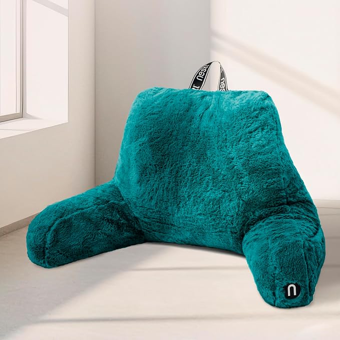 Nestl Fur Reading Pillow, Stylish Back Pillow for Bed Sitting Up, Faux Fur Bed Chair Pillow with Arms, Reading Pillows for Sitting in Bed Adult & Kids, Sit Up Back Support Pillow for Bed Rest - Teal by Nestl