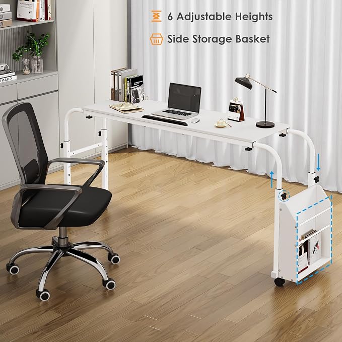 Arlopu Overbed Table with Wheels,60.6-84.2 inches Mobile Bed Desk, White - Image 7