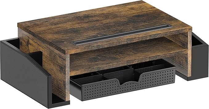 Simple Houseware Desk Monitor Stand Riser w/ Adjustable Tray, Rustic Brown | Built-In Tablet Slot and Side Storage - Image 6