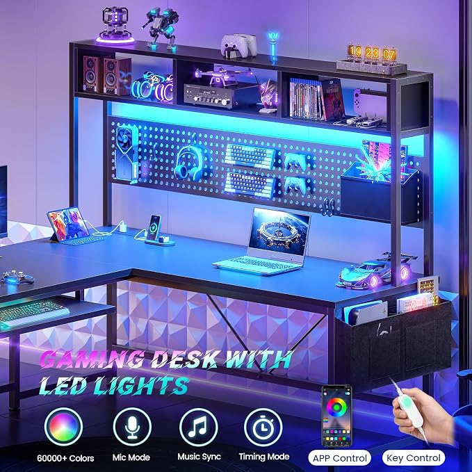 SEDETA 67" L Shaped Gaming Desk with Pegboard LED Lights and Power Outlet | Reversible Computer Desk with Keyboard Tray Hutch and Stoage Bag for Home Office, Black - Image 8