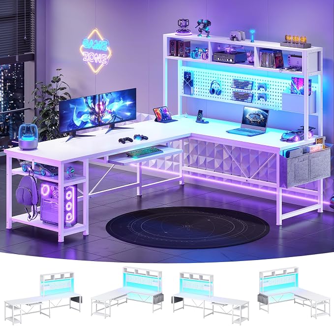 SEDETA White L Shaped Gaming Desk with Hutch, Power Outlet and Pegboard | Reversible 94.5" Computer Desk Two Person Desk, Corner Desk with Storage Shelf Keyboard Tray and LED Lights for Home Office by SEDETA