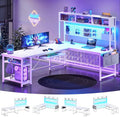 SEDETA White L Shaped Gaming Desk with Hutch, Power Outlet and Pegboard | Reversible 94.5" Computer Desk Two Person Desk, Corner Desk with Storage Shelf Keyboard Tray and LED Lights for Home Office by SEDETA