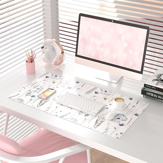 QiyI PU Leather Large Mouse Pad, Office Decor, 31.5" x 15.7", Blue Flowers | Desk Décor Accessories, Extended Size, Waterproof & Easy to Clean, Smooth Surface, Non Slip Desk Organization - Image 2