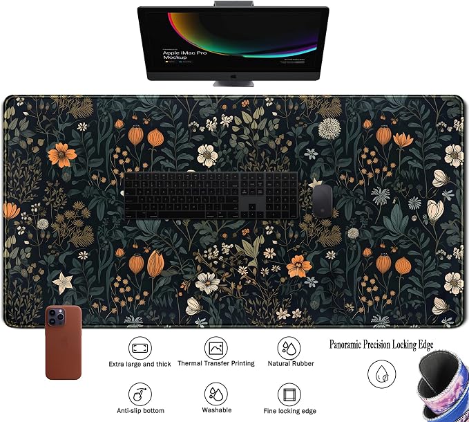 Cute Dark Floral Desk Mat Vintage Flowers Plant Mouse Pad XXL Large Extended Gaming Mousepad Women Office Decor Desk Pad, Big Laptop Computer Keyboard and Mouse Mat with Stitched Edges, 31.5x15.7 in - Image 3