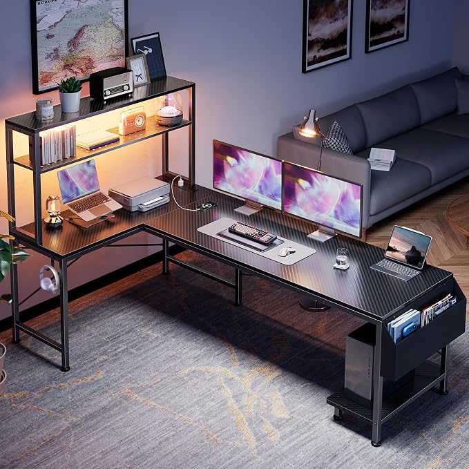 PRAISUN L Shaped Gaming Desk with LED Lights & Power Outlets | Reversible Computer Desk with Storage Shelves & Bag, Large Corner Home Office Desk for Work from Home, Carbon Fiber Black - Image 7