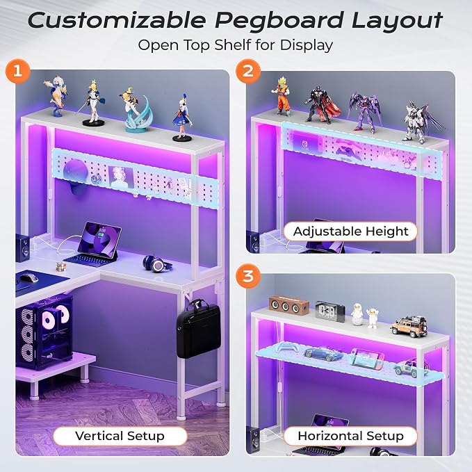 PRAISUN L Shaped Gaming Desk with LED Lights & Power Outlets | Reversible Computer Desk with Storage Shelves & Bag, Large Corner Home Office Desk with Pegboard for Work from Home, White - Image 8