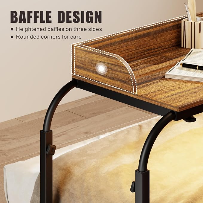 HWB Overbed Desk with Charging Station-Over Bed Table-Adjustable Length/Height with Wheels - Human Sensor LED Light Mobile Queen Size Bed Table Rolling Tray Table for Eating & Laptops, Brown - Image 8