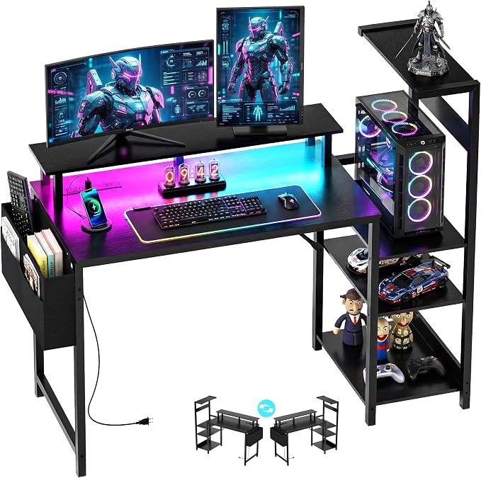 Gaming Desk 43 Inch Computer Table with Storage Shelves & Monitor Stand by APICIZON