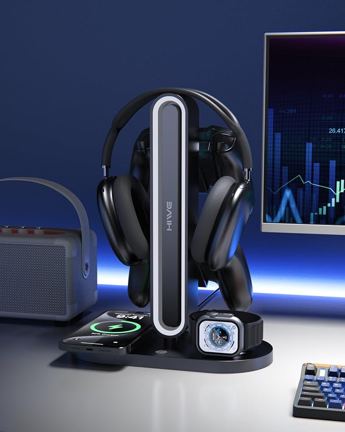 Headphone Stand, Dual Controller Holder, MagSafe Charger for iPhone/iWatch | RGB Gaming Headset Stand for All Headphones, Dual Outputs, ABS Solid Base, Adapter Included, Table Desk Organizer - Image 8