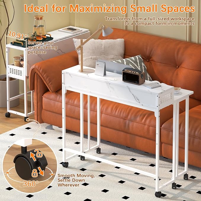 39.4" Folding Desk with Storage Shelf, Small Rolling Desk,White Marble - Image 8