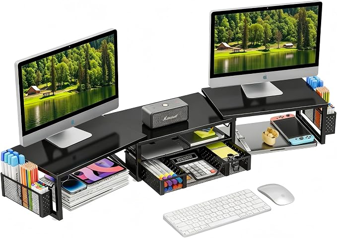 Simple Trending Dual Monitor Stand with Drawer and 2 Pen Holders, Black | 42"L x 9.5"W x 4.75"H. Sturdy metal. Fits 2 monitors. Reduces neck strain. Drawer + 2 pen holders. Easy assembly. 24h support by SimpleTrending