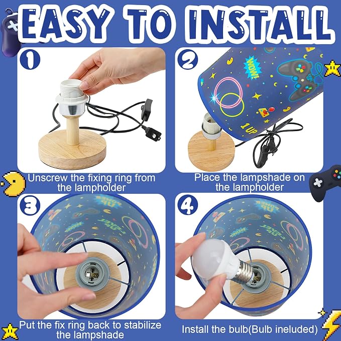 Kids Gaming Lamp for Boys Bedside Lamp with Linen Wooden Nightstand Cartoon Nursery Video Game Lampshade for Kids Gamer Decor - Image 5