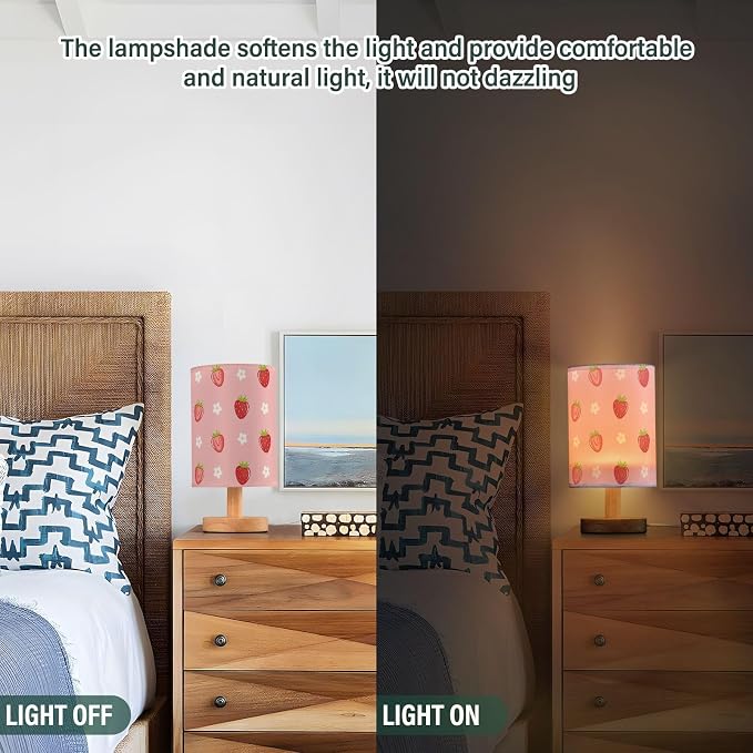 Bedside Table Lamp Cute Strawberry Florals Nightstand Lamp with Wood Fruits Flowers Pink Desk Lamps for Bedroom Living Room Nursery Office Home Decor - Image 4