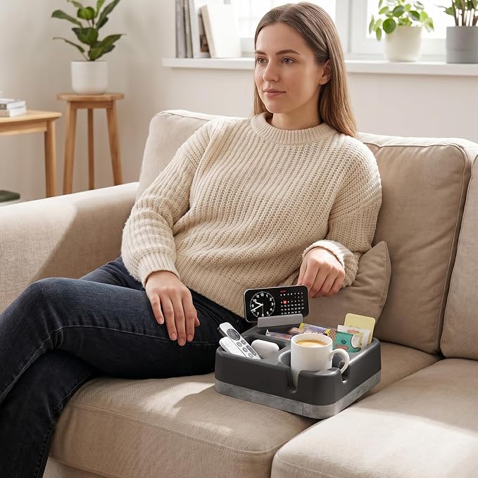 Couch Cup Holder Tray Couch Cup Holder Pillow Soft Sofa Caddy Drink Holder with 3 Compartments &Removable 360°Swivel Phone Stand, Portable Bed Snack Caddy Pillow with Handle for Tablet Controller Grey - Image 2