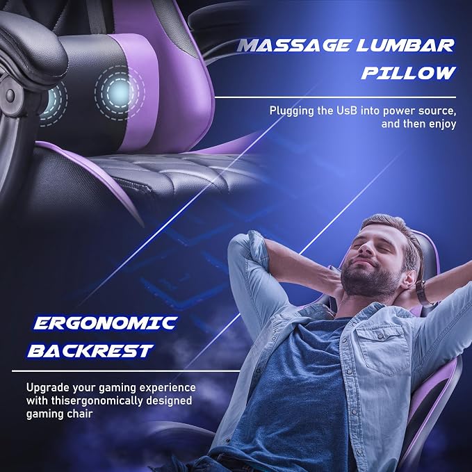 Homall Gaming Chair, Computer Chair with Footrest and Massage Lumbar Support, Ergonomic High Back Video Game Chair with Swivel Seat and Headrest (Purple) - Image 5