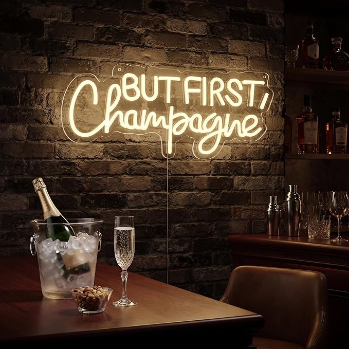 But First Champagne Neon Sign, Warm White LED Neon Light for Wall Decor, USB Powered Bar Neon Sign for Bar, Home Bar, Kitchen, Bachelorette Party, Wonderful Gift for Champagne Lovers and hostesses. - Image 2