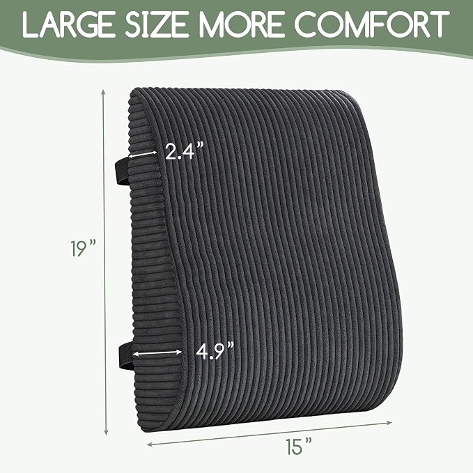 Ergonomic Lumbar Support Pillow for Lower Back Pain Relief, Corduroy Cover Back Support Cushion with Adjustable Straps, Large Size Lumbar Pillow for Office, Gaming & Home Essentials, Large, Dark Grey - Image 2