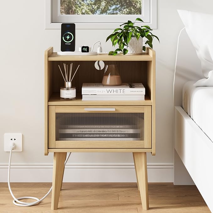 MMEOLUOOK Nightstand with Charging Station, Bedside Tables with Glass Decorative Door, Natural End Table, Side Table with 2 Tiers Storage Space for Bedroom Living Room CAMLBZ07YE - Image 5
