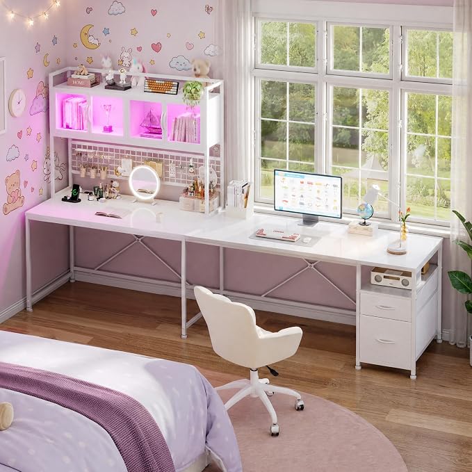 DurayLoly 67" L Shaped Gaming Desk for Dual Monitor, White | Deep Drawers for Extra Storage, Grid Pegboard for Flexible Hanging, RGB-lit Cabinet for Collectibles Display - Image 3