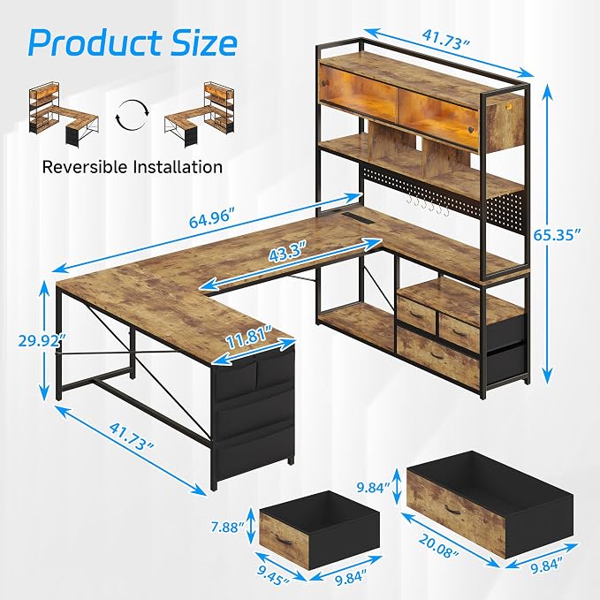 busyeah U-Shaped Gaming Desk with Storage Shelves & 3 Drawers, Rustic Brown | Reversible Computer Desk with LED Lights & Charging Station, Gaming Desk with Hutch and Pegboard for Home Office, Gamers - Image 2