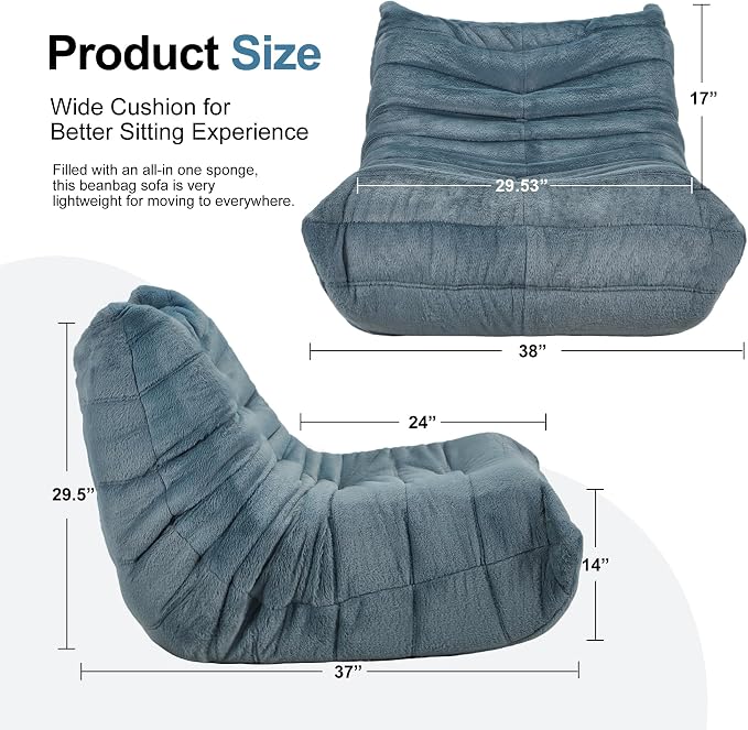 Hobestluk Big Bean Bag Chairs for Adults Fireside BeanBag Couch Togo Sofa | Ergonomic Design,Memory Foam,No Assembly,Faux Fur Fireside Lounge Floor Chair Back Support Bedroom | Bluegrey Plush Single - Image 2