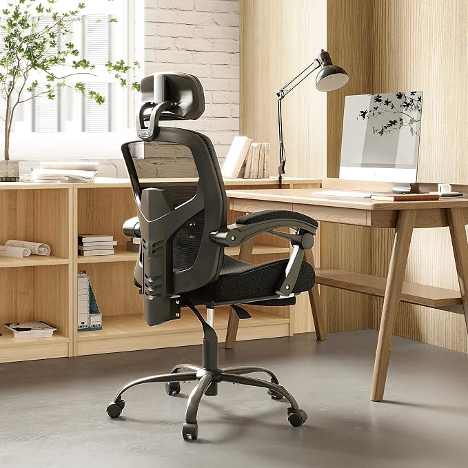 Desk Chair with Foot Rest, High-Back Mesh Office Chair, Classic Black | Reclining Gaming Chair with Headrest and Adjustable Lumbar Support, 90°-130° Reclining, for Home Office and Gaming - Image 2