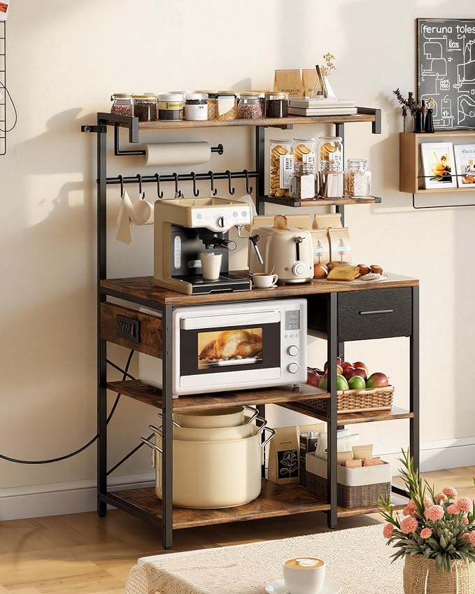 VEVOR Kitchen Bakers Rack with Power Outlets, 31.5 x 15.7 x 55.1 Inch Microwave Stand with Built-in Power Strip & 4.6 Ft Cord, 8 S-Shaped Hooks, for Dish Storage, Spice Jars, Coffee Bar Organization - Image 2