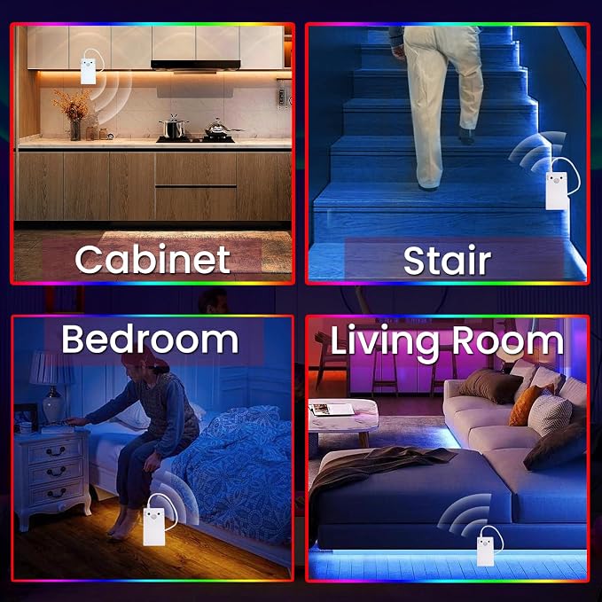 3.3FT Motion Sensor LED Strip Lights with Remote/4Mode, RGB & Warm White Motion Activated LED Strip Lights Dimmable Battery Powered, 16Colors Under Cabinet Lighting for Closet Stairs Home Indoor - Image 3