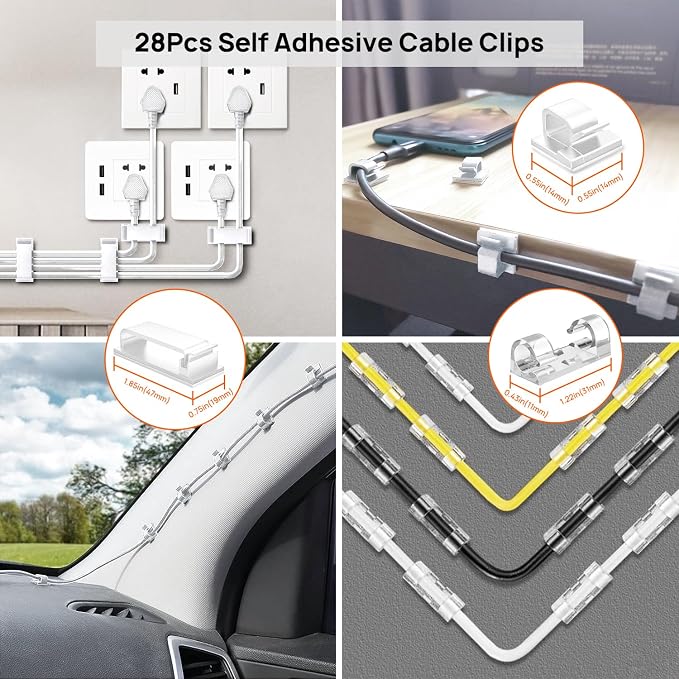 193 PCS Cable Management Kit - 4 Cable Sleeve, 57 Self Adhesive Cable Clips, 12 Hanging Strips, 12 Cable Organizer Straps and 100 Fastening Cable Ties for TV Computer Under Desk (White) - Image 4